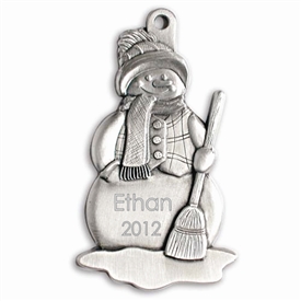 Engravable Snowman with Broom Pewter Ornament